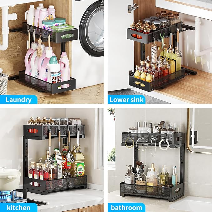 Under Sink Organizer, Pull Out Cabinet Organizer, Black | Rustproof Carbon Steel, 2 Tier Mesh Sliding Drawers, 5-Level Height Adjustable to Bypass Pipes, for Kitchen Bathroom Laundry