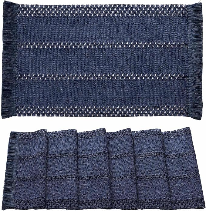 ZeeMart Macrame Style Boho Placemats Set of 6, Navy Blue 12x20 Inch | Decorative Farmhouse Table Mats, Natural Cotton Woven Place Mats, Bohemian Home Decor for Kitchen Dining Table