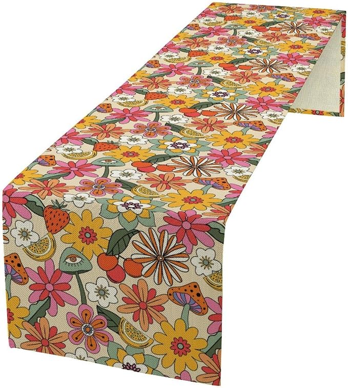 Retro Floral Table Runner,Vintage 70s Hippie Summer Groovy Daisy Flower Dinner Runner for Home Kitchen Dining Table Party Holiday Decor 13x108 Inch