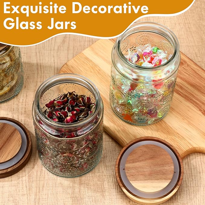 Suclain 6 Pack 23.7 oz Vintage Glass Jar with Wooden Lids Airtight Storage Food Container Jar for Kitchen Bathroom Pantry Decorative Vintage Canister for Coffee Beans, Brown Sugar(Fireworks)