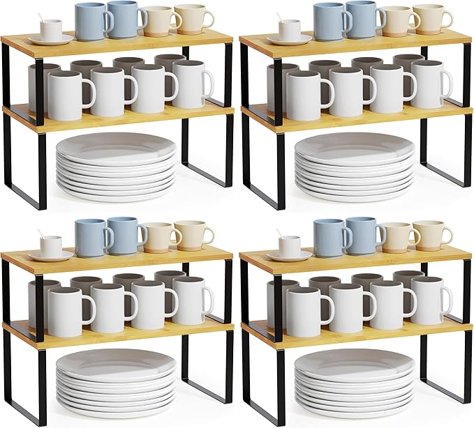 SpaceAid Cabinet Shelf Organizers 8 Pack, Kitchen Counter Rack Shelves Riser, Stackable Expandable Spice Rack, Pantry Cupboard Storage Organization (Black and Natural, Long)