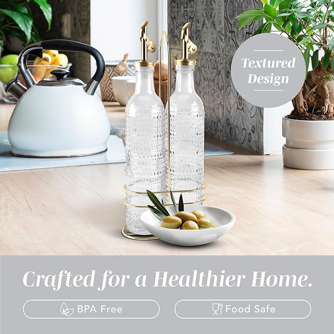 COOK WITH COLOR Glass Olive Oil Bottle Dispenser - 2 Pack- 17oz Oil and Vinegar Cruet - Olive Oil Carafe Decanter for Kitchen, Champagne Bubbles, Clear