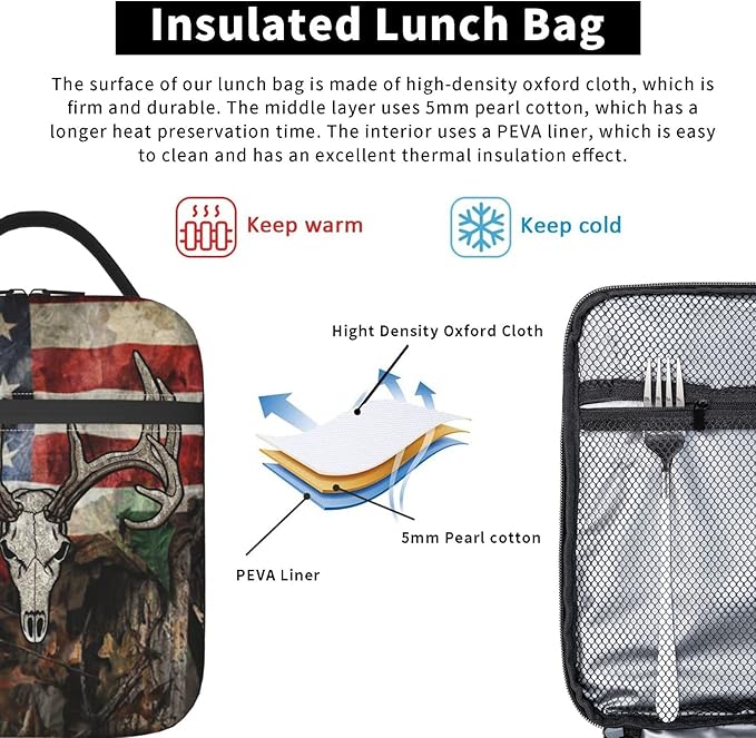 Gianlaima Camo Camouflage American Flag Skull Deer Insulated Lunch Box For Women Man, Portable Lunch Bag Reusable Cooler Tote For Office Work Travel Picnic Camping Beach