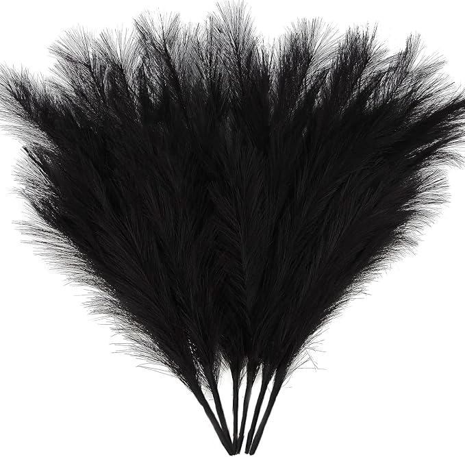 ZIFTY 6-Pcs 17" Black Pampas Grass Faux Pompas Fluffy Artificial Fake Flower Gothic Decorations for Black Bathroom Decor Vase Filler Ins Style Modern Home Decor Halloween (Black)