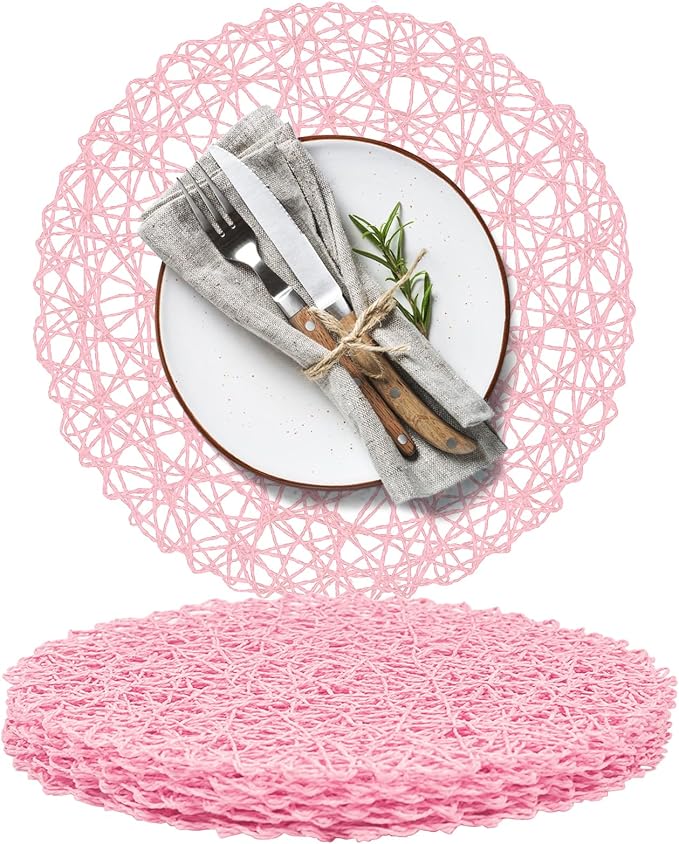 AHHFSMEI Paper Braided Round Placemats Set of 6 Natural Non-Slip Heat Resistant Table Mats for Dining Tables Woven Indoor Outdoor Place mats(Pink)
