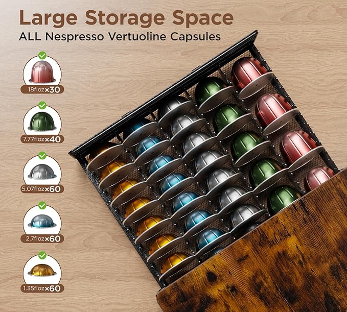 HFHOME Vertuo Pod Holder, Compatible for Nespresso Vertuoline 40 Big or 60 Small Capsules, Wooden Top and Mesh Shelves, Kitchen Counter Coffee Bar Station Organizer with Sliding Drawer, Rustic Brown