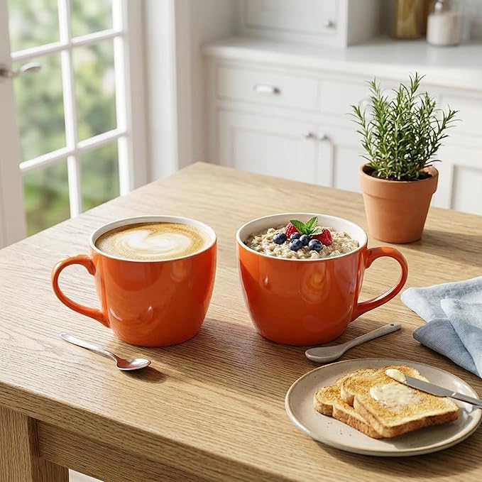 MECOWON 30 OZ Porcelain Coffee Mugs, Set of 2 Large Mugs for Soup, Cereal and Salad (Orange)