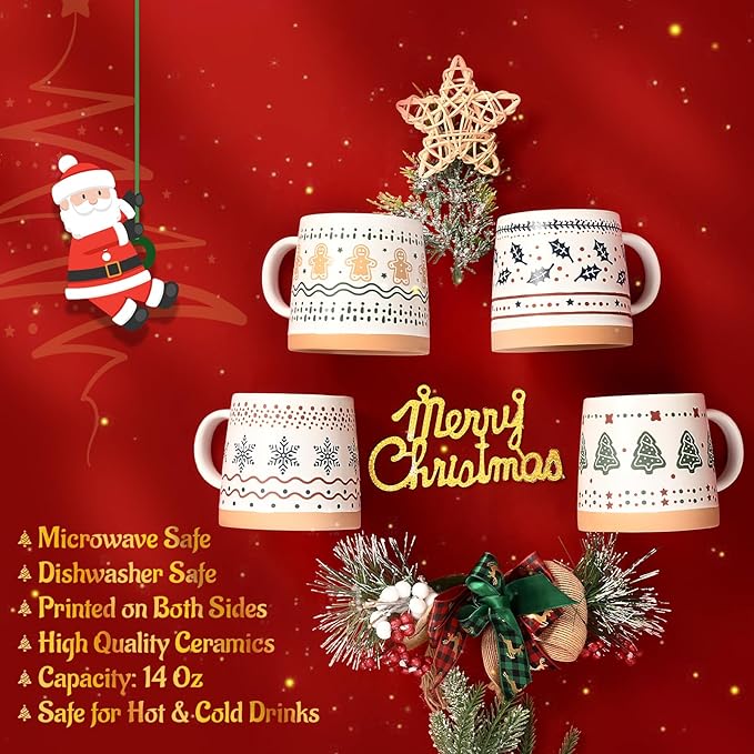 Homlouue Christmas Mugs Set of 4, Merry Christmas Mugs, Holiday Mug, Holiday Coffee Mugs, Xmas Gifts for Friends Family Coworker, 14 Oz
