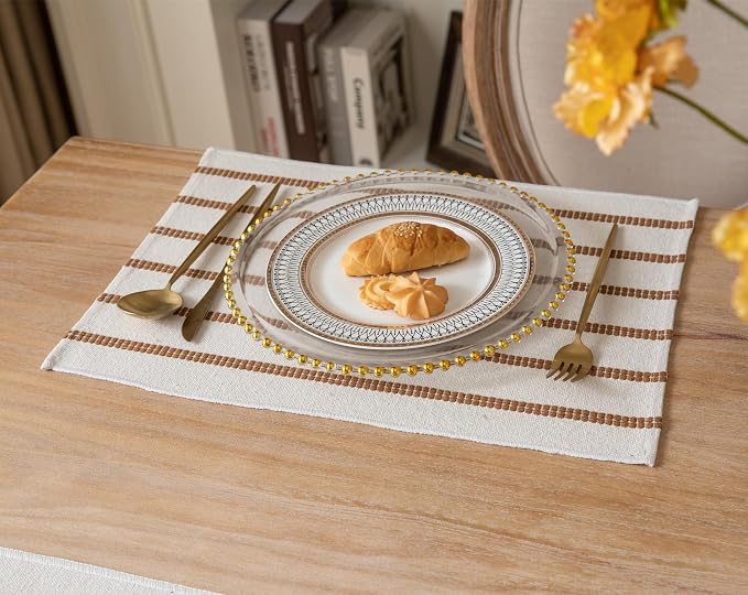Caflife Boho Farmhouse Placemats Set of 4, Brown Stripes Cotton Linen Woven Table Mats for Modern Dining Table, 13x19 Inch Rustic Kitchen Decor Place Mats