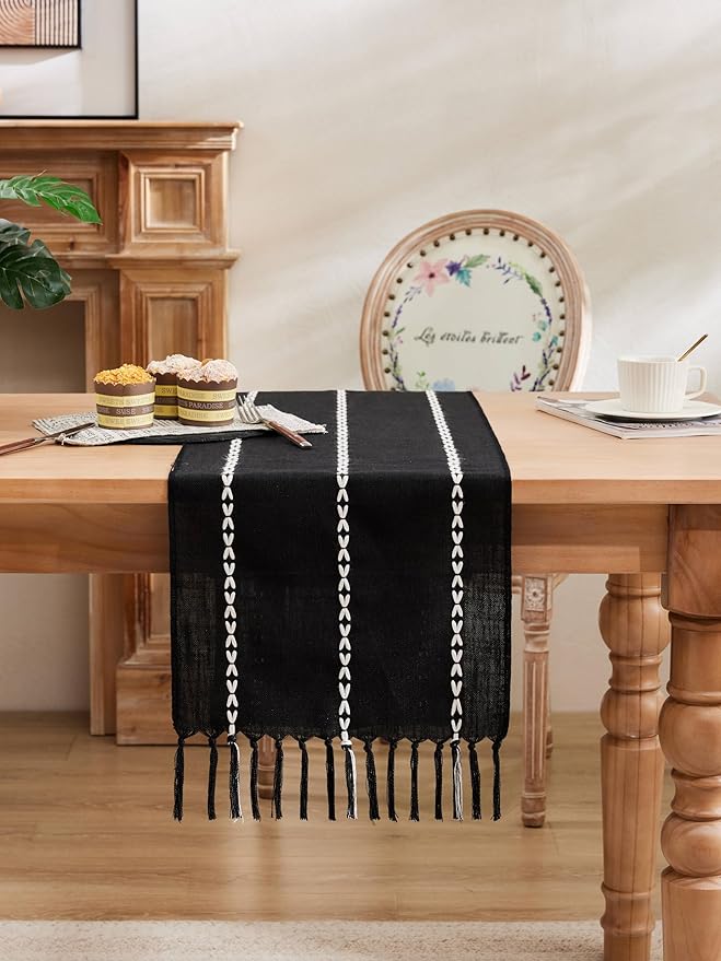 Braided Farmhouse Table Runner,Braided Black 13x90 Inch, Cotton Linen Table Runners 90 Inches Long, Embroidered Striped Black Boho Table Runner Rustic Home Decors