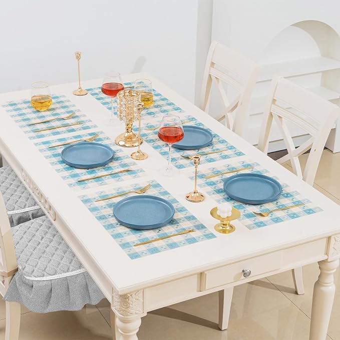 BACKTOEDEN Placemats Set of 8 Heat Resistant Washable Wipeable Placemat Woven Non-Slip Foldable Vinyl/Plastic Place Mats Indoor/Outdoor Mat Kitchen Dining Table Pad, Blue Checkered