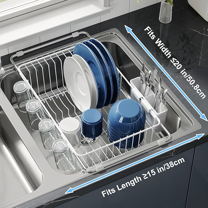 JASIWAY White in Sink Dish Drying Rack, Expandable Stainless Steel Small Dish Rack Over Kitchen Sink, Plate Drainer Strainer with Utensil Holder & Cup Holders, Counter Space Saving Wire Dryer Rack