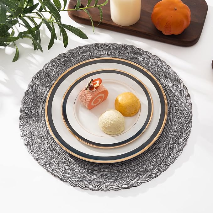 SHACOS Round Placemats Set of 6 Woven Round Table Mats 15 inch Braided Border Washable Cotton Polyester Circle Place Mats, Gray (Pack of 2)