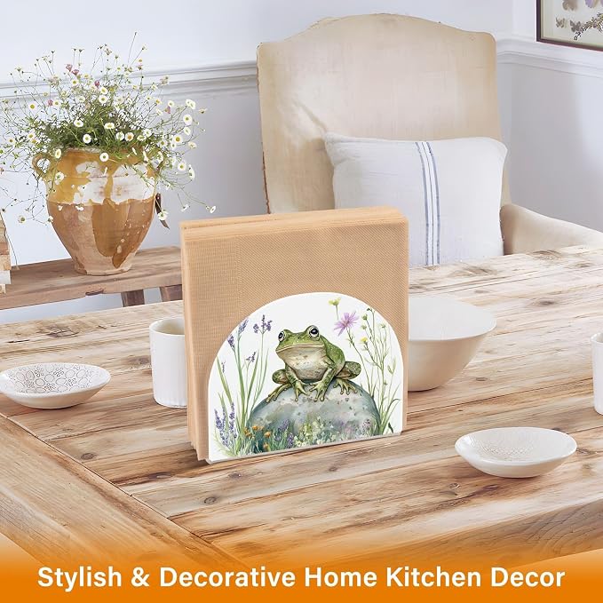 Fustylead Rustic Frog with Lavender and Pink Floral Napkin Holder for Table Acrylic Cocktail Napkin Holders Small Decorative Napkin Dispenser for Home Party Holiday Dining Kitchen Accessories, 2 PC