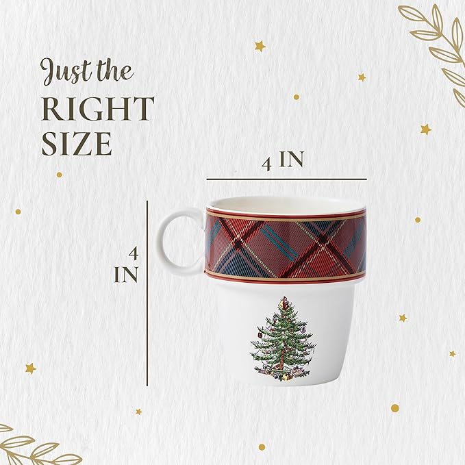 Spode Christmas Tree Tartan Stacking Mugs, Set of 4 – Festive Tartan Design Coffee Cups, 10oz Earthenware for Holidays, Colorful & Fun Stackable Cups, Great Gift for Seasonal Celebrations