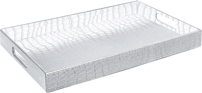 Home Redefined 17.5"x12" Silver Glossy Crocodile Faux Leather Serving Tray Beautiful Modern Elegant Decorative Tray with Handles Ottoman Coffee Table Ottoman Perfume Makeup Display for All Occasion's