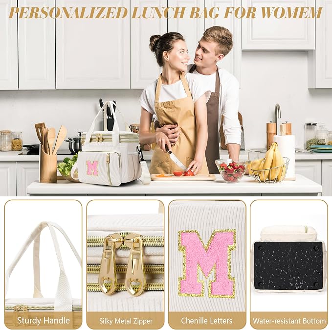 Personalized Initial Lunch Box for Women, Double-deck Expandable Large Insulated Cooler Lunch Bag with Shoulder Strap, Adult Lunch Box, Gifts for Women, Wife, Mom & Friends for Work, Picnic, Beach