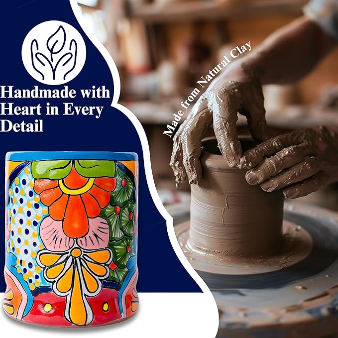 Talavera Utensil Holder - Hand Painted Ceramic Spoon Crock - Colorful Utensil Crock - Large Mexican Spoon Rest 6" H (Turquoise)