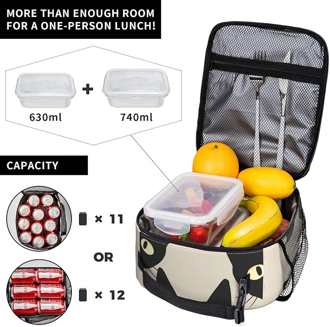 Black Cat Lunch Box for Adults Women Girls Boys Kids Funny Cat Lunch Box Insulated Cooler Reusable Lunch Bag Container Gifts for Work Office Picnic Travel School