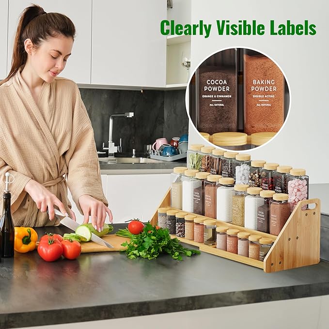 NiHome Cabinet & Countertop Expandable 3-Tier Bamboo Spice Rack for Spices, Jars, Office Supplies, Adjustable Length 12.6"-23.6" Multi-Purpose Natural Bamboo Organizer for Kitchen, Pantry, Bathroom