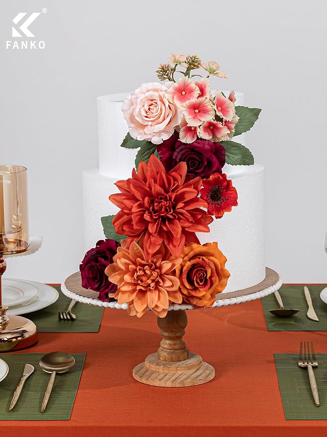 FANKO Artificial Flowers for DIY, Burgundy Burnt Orange Blush Pink Faux Flowers Bouquet, Fake Rose Poppy Dahlia Daisy Silk Flowers for Vase, Home Decor, Celebrations, Summer Wedding, Birthday, Party