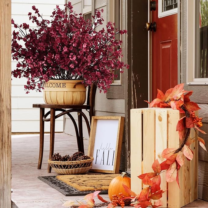 Waipfaru 15Pcs Fake Flowers Babys Breath Silk Artificial Flowers Gypsophila Bouquets Bulk Real Touch Fall Stems for Fall Thanksgiving Autumn DIY Floral Arrangement Table Centerpieces, Wine Red