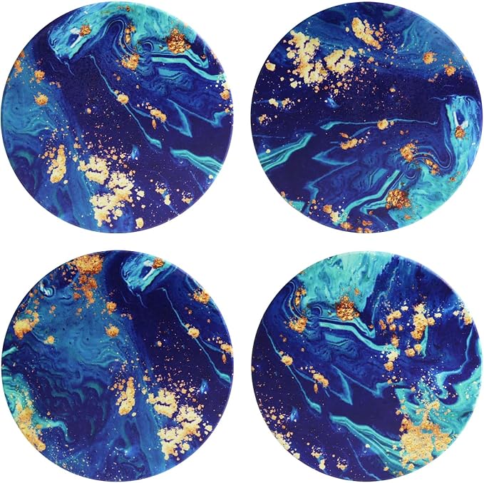 Blue Coasters for Drinks Absorbent Stone Coaster Set,Ceramic Cup Holder Coasters Coffee Mug Place Mats with Cork Base,Prevent Furniture from Dirty and Scratched,Ideal Home Decor|Mandala Style Set of 4