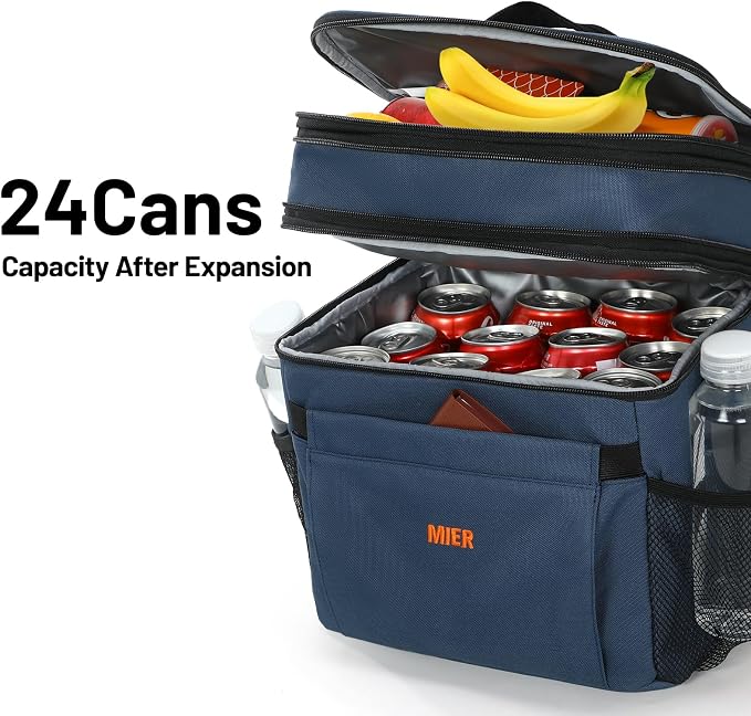 MIER Lunch Box for Men Expandable Insulated Dual Compartment Lunch Bag Leakproof Cooler Bag with Front and Back Pockets for Adult Work Travel Picnic Beach, Blue