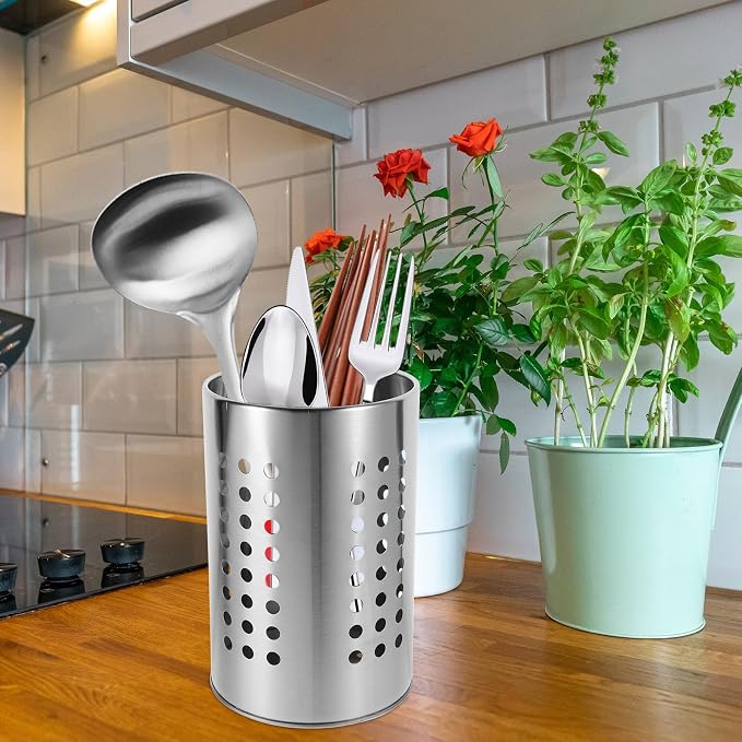 Unomor Stainless Steel Kitchen Utensil Holder with Drain Holes - 7.00 Inch Cutlery Organizer for Chopsticks Spoons & Forks - Countertop Storage for Kitchen Supplies