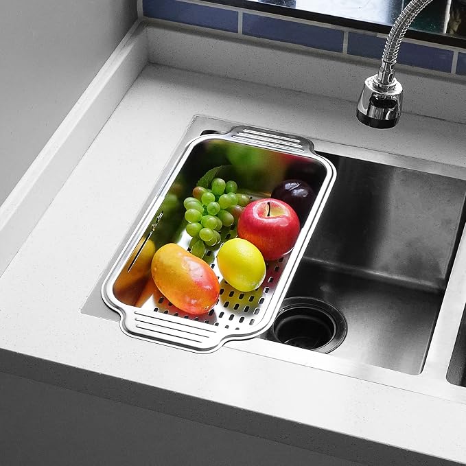 LUEXBOX Expandable Dish Drying Rack Over The Sink, Stainless Steel Drainer Basket with Adjustable Arms for Vegetable and Fruit (Silver)