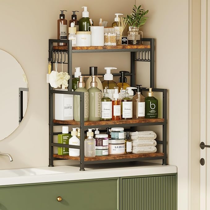 23.6"W Large Kitchen Countertop Organizer,3 Tier Spice Rack Organizer with Adjustable Shelf and 10 Hooks,Wooden Counter Organizer,Space Saving Countertop Shelf Microwave Stand for Kitchen,Coffee Bar