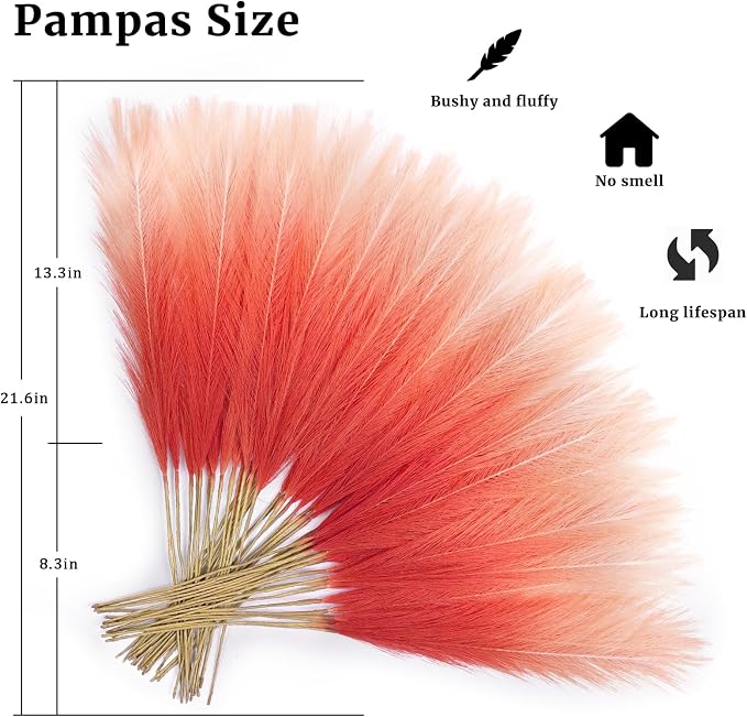 TORONTOKYO Burnt Orange Pampas Grass Fall Decor, 50Pcs 21.6 inch Artificial Faux Pompas Grass Small Fluffy Arrangement for Wedding Boho Home Autumn Decor Vase Filler
