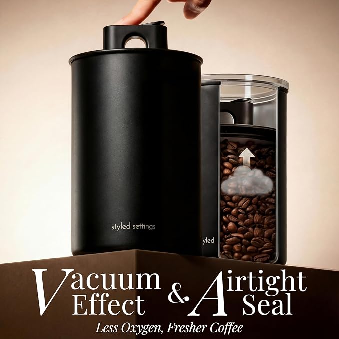 STYLED SETTINGS Vacuum Seal Coffee Bean Container Set – 2-Piece Stainless Steel Coffee Canisters with Scoop and Labels, Matte Black Dual-Lid Airtight Design, 1 lb Capacity Each - Coffee Gift Ideas