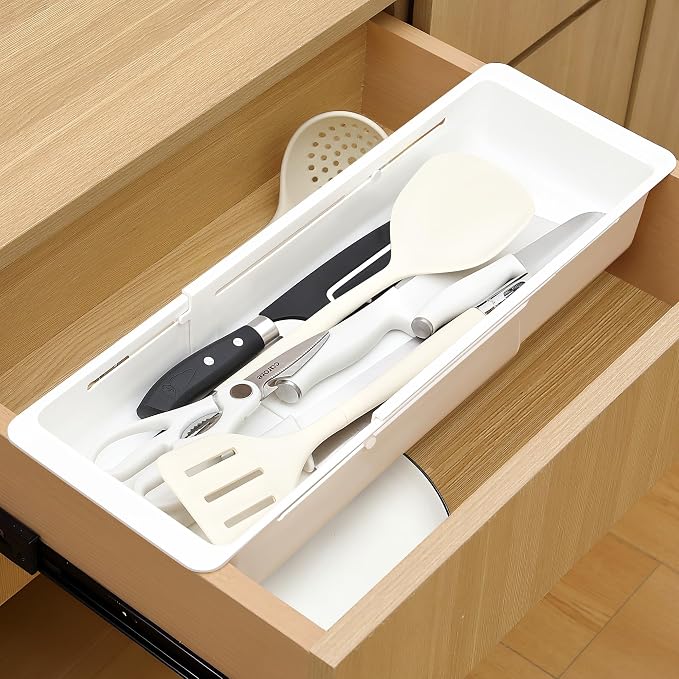 2 Pack Deep Drawer Organizer Bins, Sliding Drawer Organizer Bin Expandable and Adjustable Tray for Kitchen Utensils, BBQ Tools, Towels, Durable Plastic Sliding for Easy Storage(17.4-27.6")