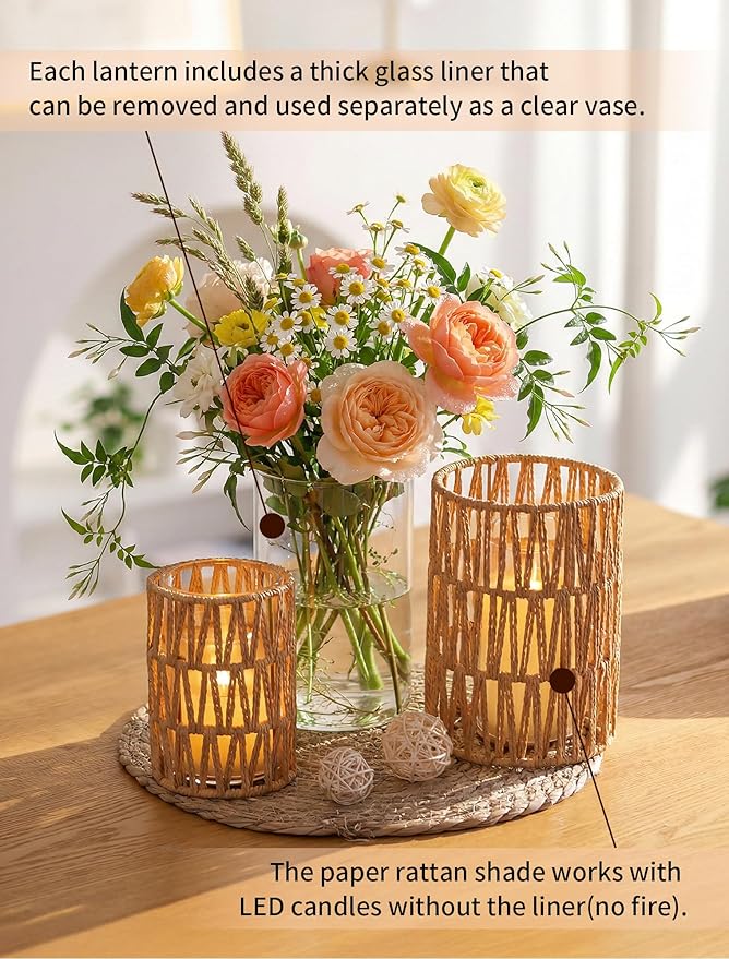 NUPTIO Rattan Boho Hurricane Lanterns: Set of 2 Pillar Candle Holders with Glass Cylinders- Farmhouse Vases for Home Coffee Table Centerpieces Decor