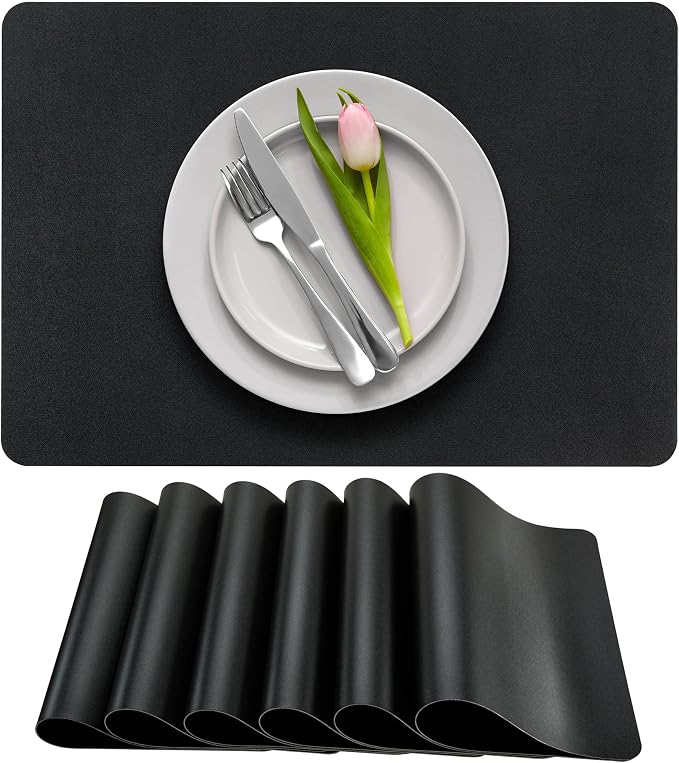 More Décor Faux Leather Placemats Set of 6 for Dining Table – Waterproof, Wipeable, Washable, Stain & Heat Resistant, Non-Slip Table Mats – 12 X 17 Inch (Solid Black, 6)
