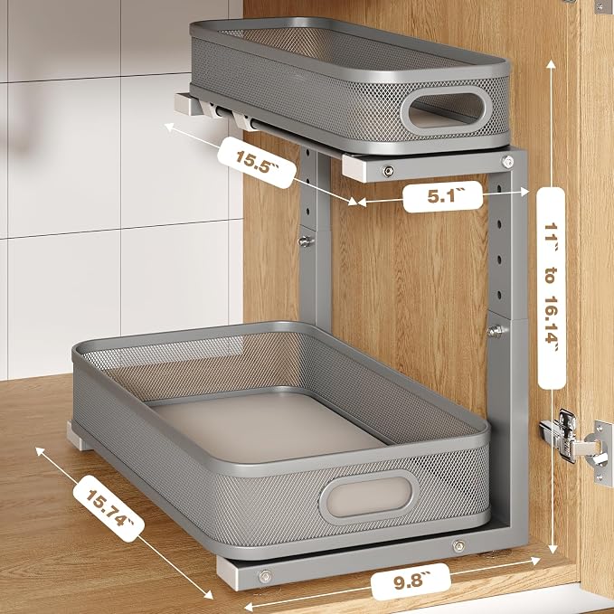 1 Pack 15.7IN-Depth Under Sink Organizer With Smooth Cylindrical Rail,2-Tier Pull Out Multi-Purpose Cabinet Storage for Bathroom&Kitchen,Height Adjustable,Rust-resistant Coating-Gun Gray