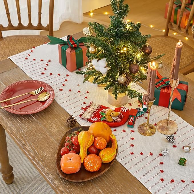 Wracra Christmas Table Runner, Natural Cotton Woven Macrame Table Runners 72 Inches Long for Christmas Decorations,Modern Farmhouse Woven Home Decor, 14x72 Inch, Red