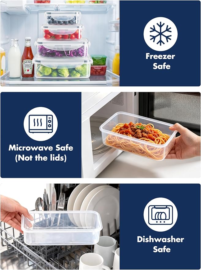 Geedel Food Storage Containers with Lids, Airtight Leakproof Lunch Meal Prep Containers, Stackable Microwave Freezer Dishwasher Safe Plastic Food Containers for Kitchen Organization, Set of 4, Clear