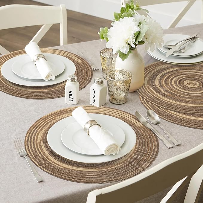 SHACOS Round Placemats Set of 6 Washable 15 inch Variegated Braided Round Place Mats Kitchen Table Mats (Rainbow Brown, 6)