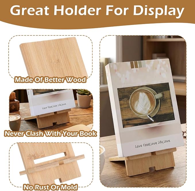 4-Pack Bamboo Book Display Stand, Adjustable Wooden Cookbook Holder & Plate Easel for Display, Splinter-Free Recipe Book Stand for Kitchen Counter, Tablets, Photos, Textbook, Art (6.6x3.9”)