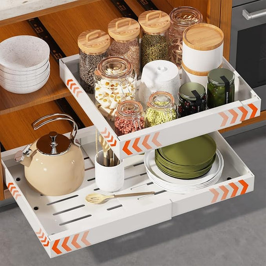 1 Pack Expandable Pull Out Cabinet Organizer 21" Deep, Adjustable Width 12.6"-20.5", No Drill Adhesive with Triple Track Rails, Heavy Duty Slide Out Drawers for Kitchen, Pantry, Cabinets,White