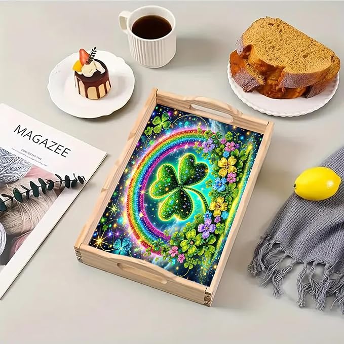 BAYUNOE DIY Diamond Serving Tray Rectangular Breakfast Tray with Handle Handmade Diamond Art Painting Wooden Tray Spring Creative Dinner Plate Coffee Room Living Home Organizer-Rainbow Clover