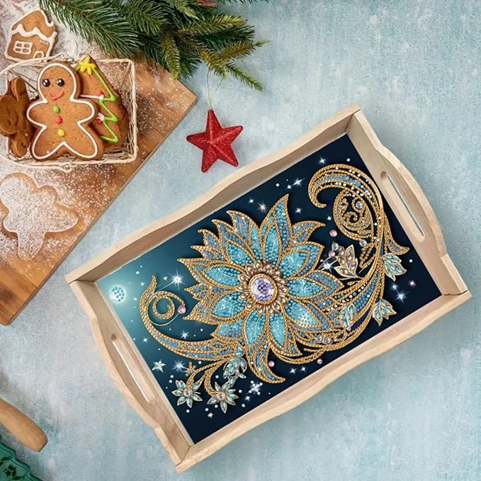 DIY Diamond Serving Tray Rectangular Wooden Breakfast Tray with Handle Handmade Diamond Art Painting Spring Creative Dinner Plate Coffee Room Living Home Organizer-Mandala02