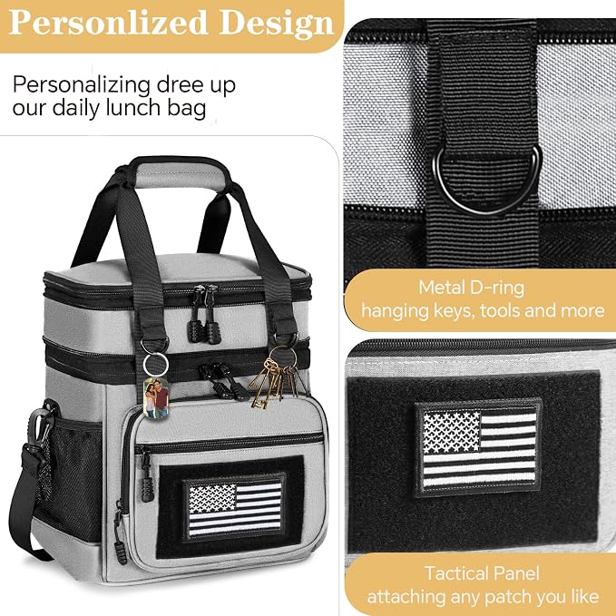 GLENKEY Tactical Lunch Box Cooler Bag - Expandable Insulated Lunch Bag for Men Daily - Large Lunchbox for Adults Work Shifts Outdoor Trips Grey 16L