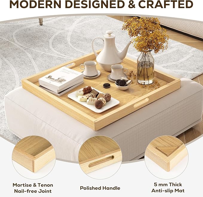 Axeman 20 Inch Large Square Wooden Ottoman Tray for Living Room|Extra Large Serving Tray with Handles for Coffee Table, Breakfast|Decorative Wood Tray for Ottoman Couch Sofa Kitchen|Natural