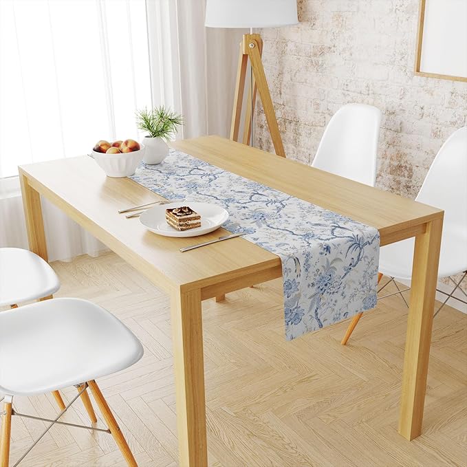 Snycler 13x108 Inch Table Runner Blue White Bird Flower Chinoiserie Table Runners Modern Elegant Luxury Farmhouse Geometric Table Center White Linen Decor for Home Dining Party Entrance