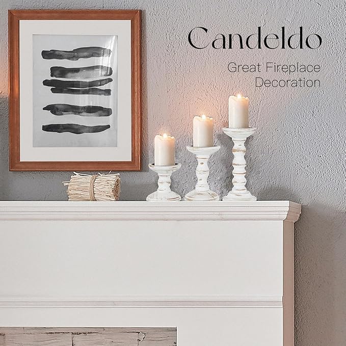 Candeldo Wood Candle Holders for Pillar: Rustic Candles Holder Set of 3 Tall Table Centerpiece Shabby Chic Decor Wooden White Farmhouse Decorations for Fireplace Mantle