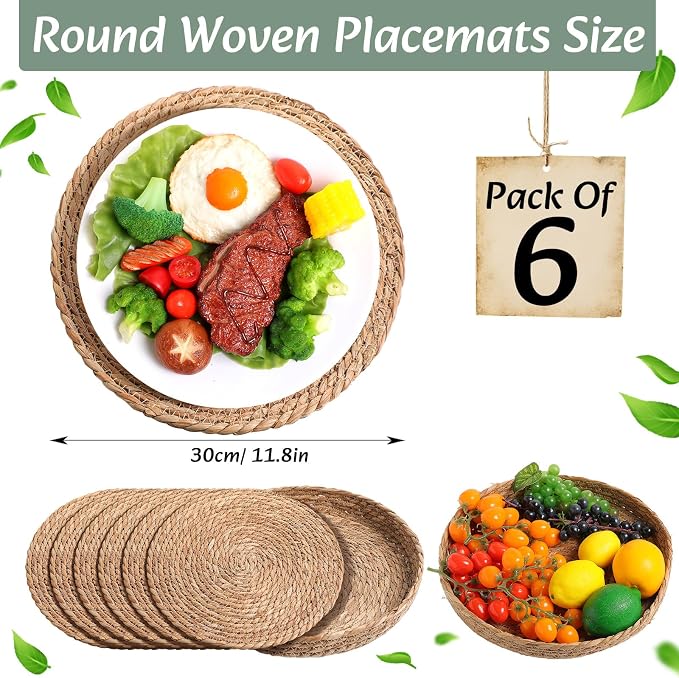 Boho Placemats 4/6/8 Set of Round Woven Placemat Macrame Style Bicolor Stitching Long Table Runner Farmhouse Rustic Natural Burlap Cotton for Kitchen Dining Table(6 Sets,Green,12x72)