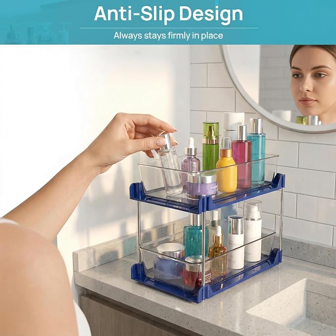 2 Pack Bathroom Organizer,2 Tier Blue Under Sink Organizers Vanity Countertop Storage Container,Cabinet Drawers Bins, Pull-Out Organization with Track for Pantry, Kitchen